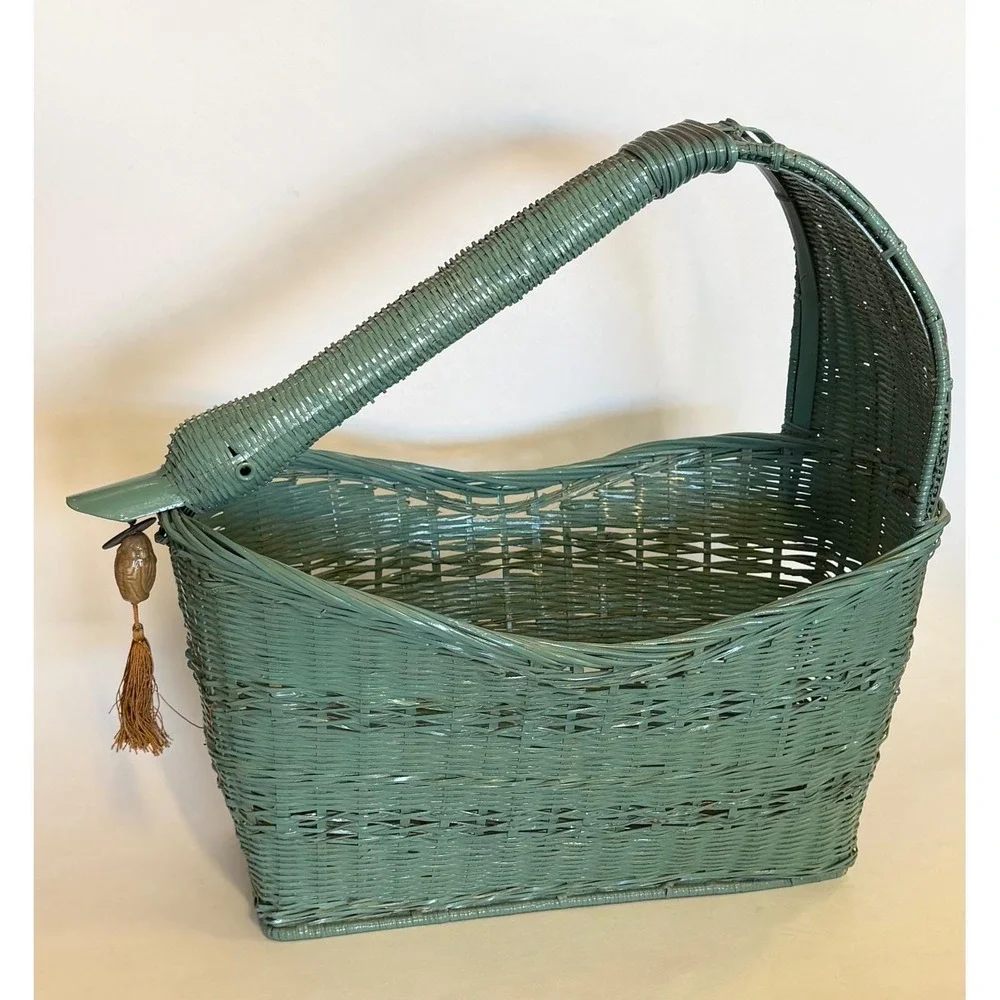 Vintage Swan Goose Oriental‎ Tassel Wicker Basket Sage Green Decor Cottagecore